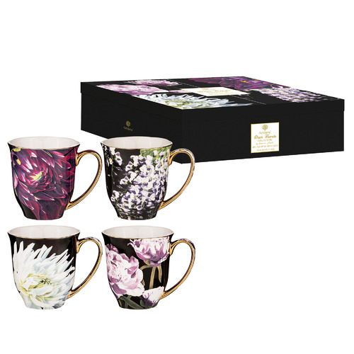 4 Piece Dark Florals 380ml New Bone China Mug Set