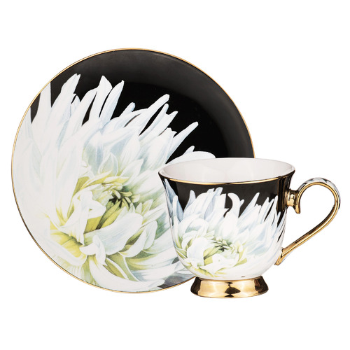 Dark Florals White Dahlia 380ml New Bone China Cup & Saucer