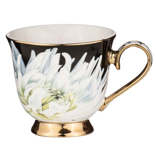Dark Florals White Dahlia 380ml New Bone China Cup & Saucer
