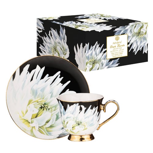 Dark Florals White Dahlia 380ml New Bone China Cup & Saucer