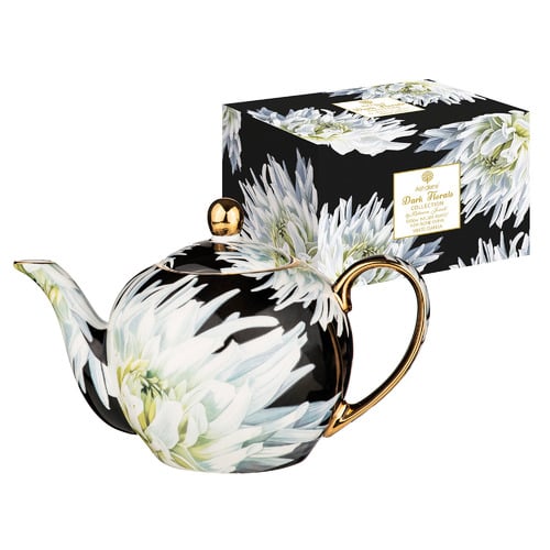 Dark Florals White Dahlia 1L New Bone China Teapot with Infuser