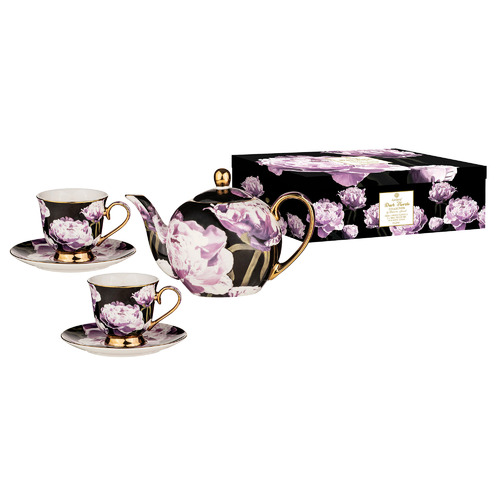 5 Piece Dark Florals Peony Teapot & Teacup Set Temple & ster