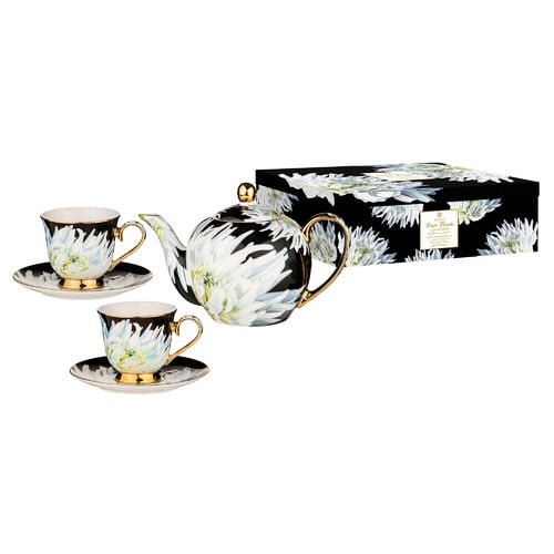 3 Piece Dark Florals White Dahlia New Bone China Teapot & Teacup Set