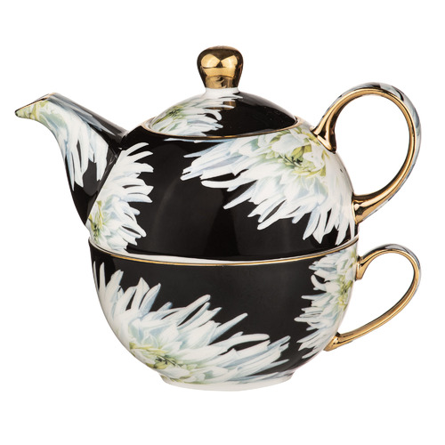2 Piece Dark Florals White Dahlia 400ml New Bone China Tea for One Set