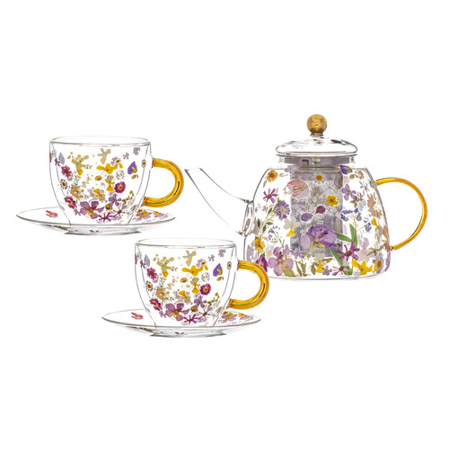 5 Piece Pressed Flowers Glass Teapot with Infuser & Teacup Set