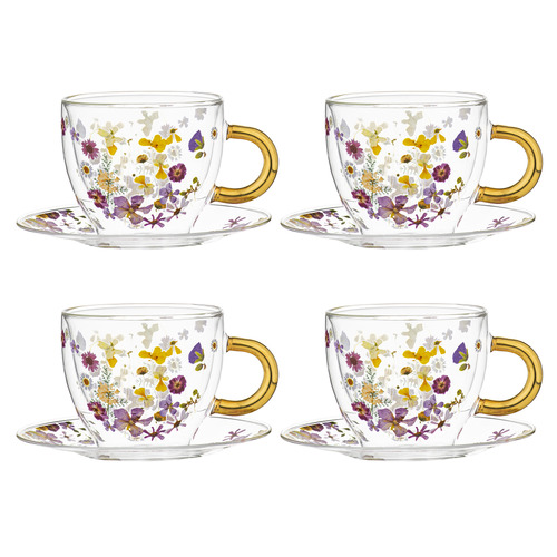 Pressed Flowers Double Wall 350ml Glass Cups & Saucers