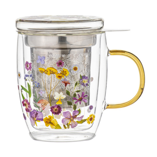 Pressed Flowers Double Wall 350ml Glass Mug with Infuser
