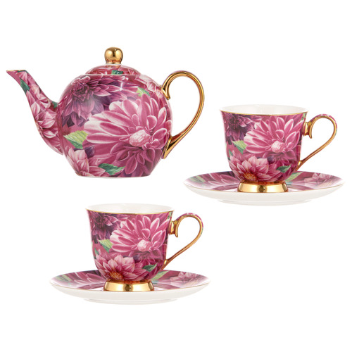 5 Piece Pink Dahlia Bold Blooms Teapot & Teacup Set