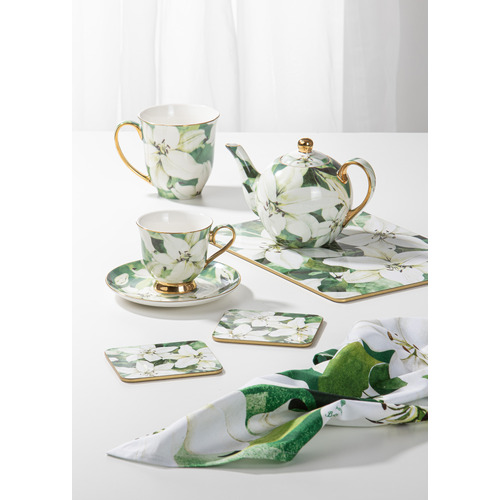 5 Piece White Lily Bold Blooms Teapot & Teacup Set
