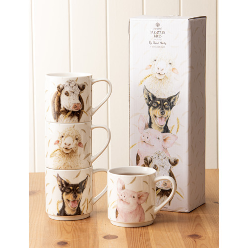4 Piece Farmyard Faces Stackable Mug Set