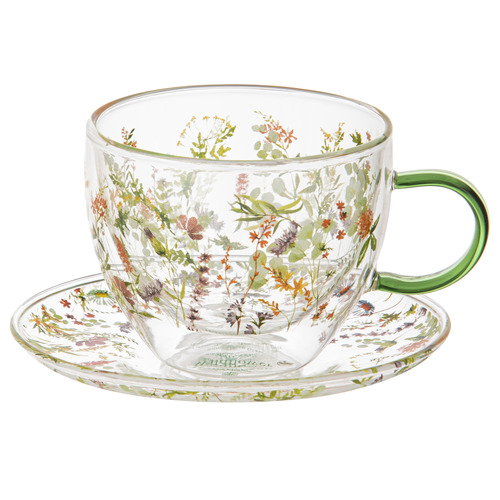 Forest Wildflowers Double Wall Glass Cup & Saucer Set