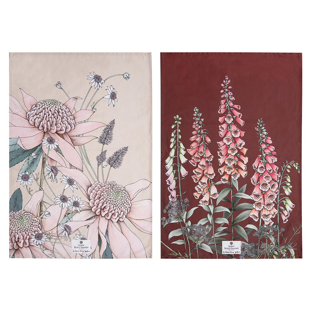 2 Piece Secret Garden Pink Tea Towel Set