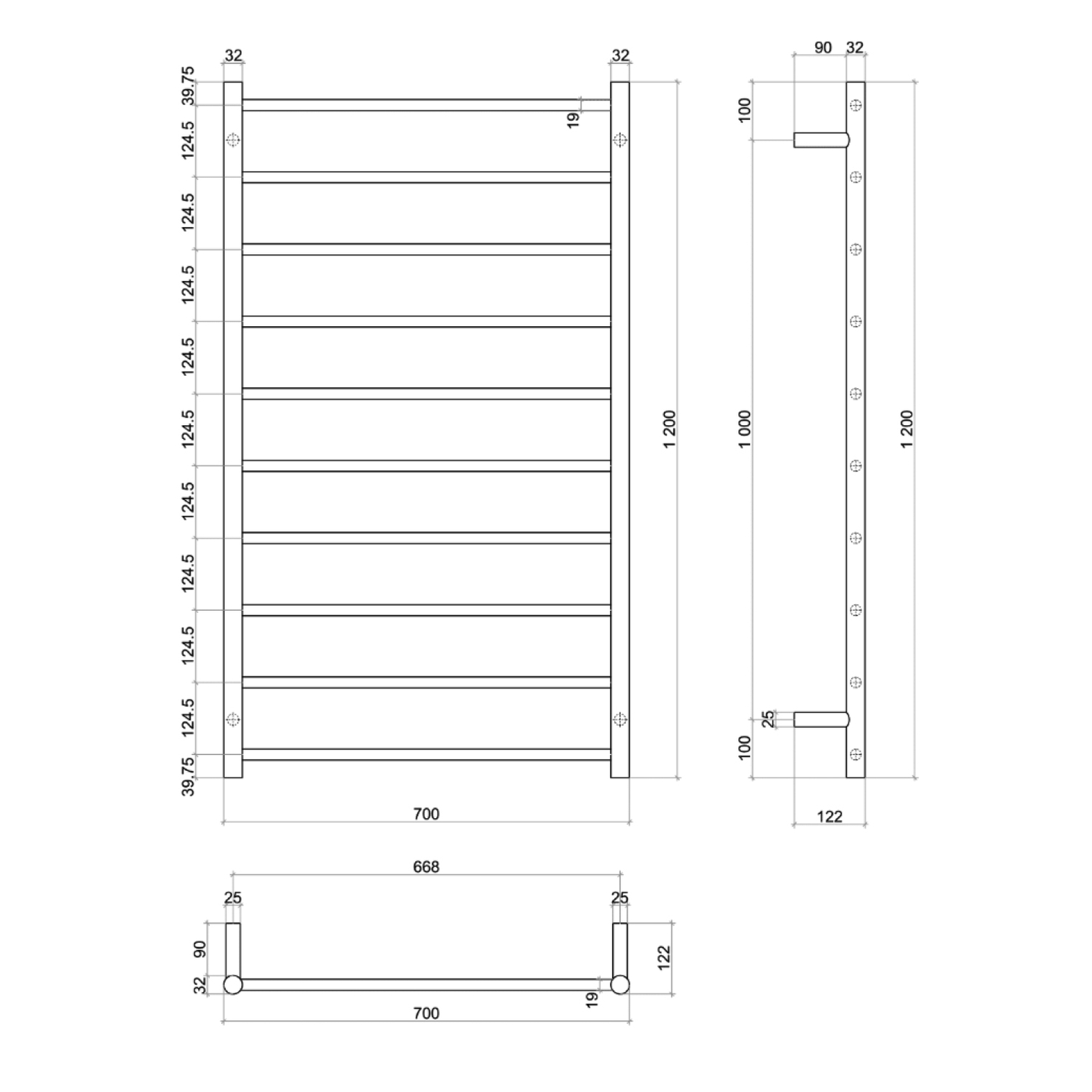 Thermorail 10 Bar Straight Cylinder Brushed Rail