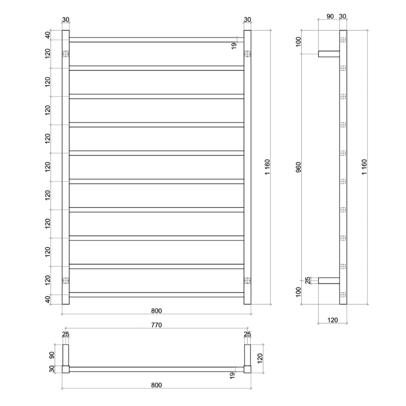 Large Squared Thermorail Towel Rail
