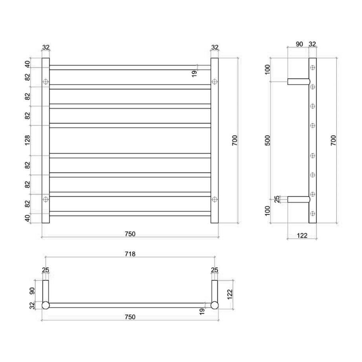 Matte Black 8 Bar Heated Stainless Steel Towel Rail