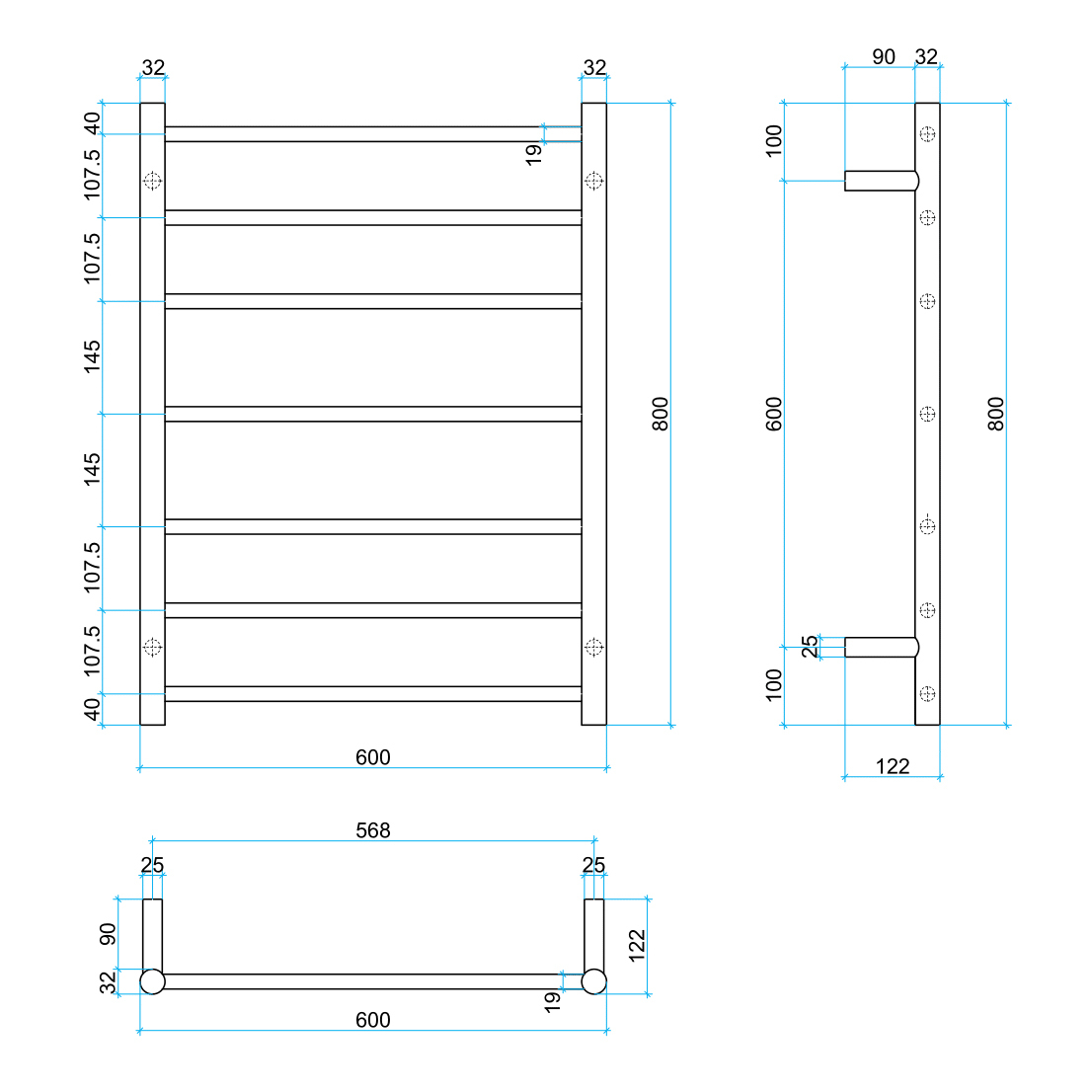 Rose Gold 7 Bar Heated Stainless Steel Towel Rail