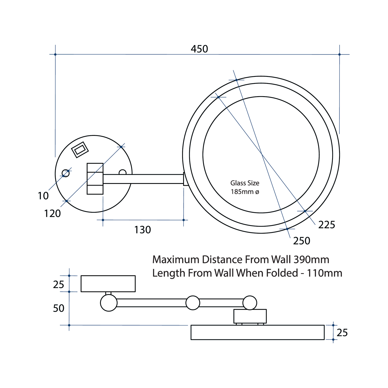 Ablaze 250mm 3x Magnification Shaving Mirror with Concealed Wiring