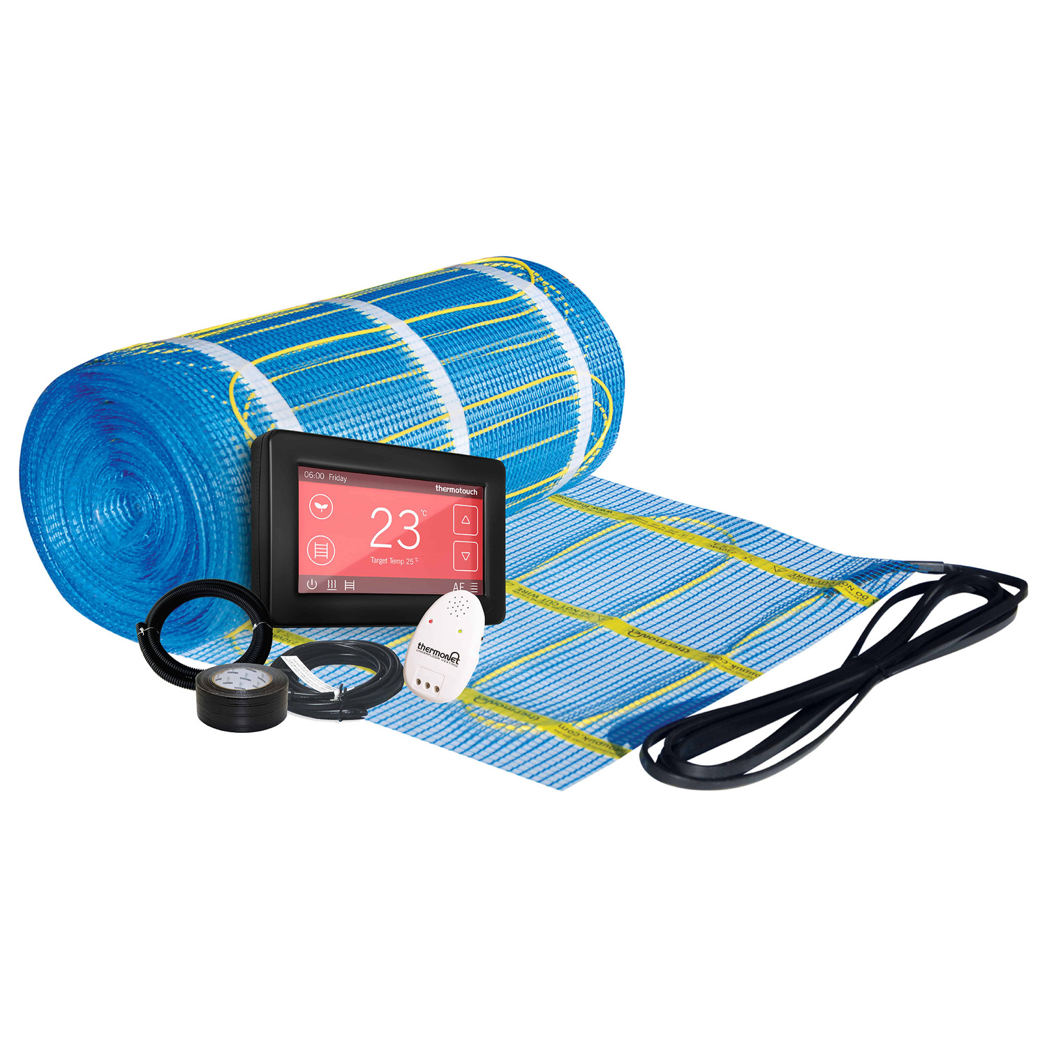 Thermonet 200W/m&sup2; Self Adhesive Underfloor Heating with Black Dual Thermostat