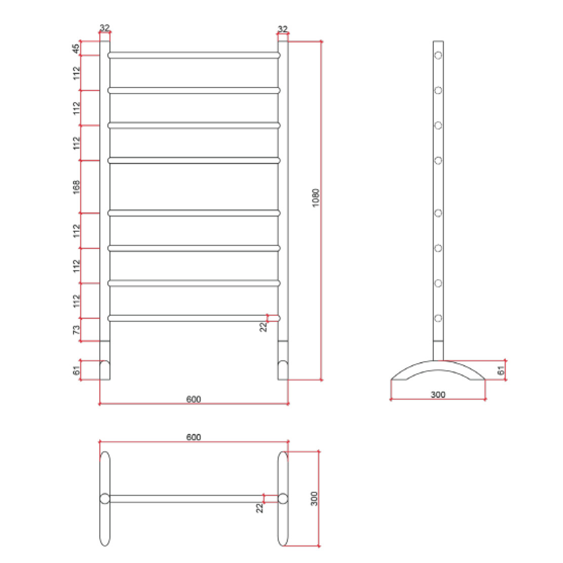 Thermorail 600 x 1080mm Matte Black Freestanding Heated Towel Rail