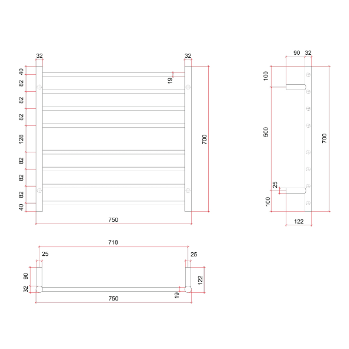 Thermorail 750 x 700mm 8 Bar Heated Towel Rail