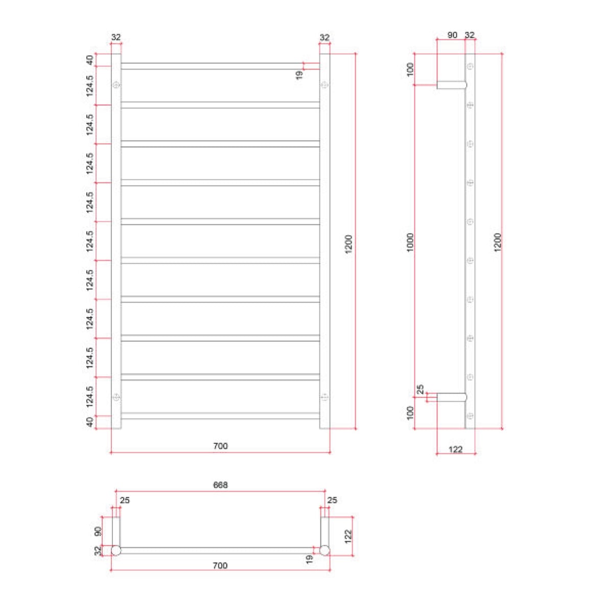 Thermorail 700 x 1200mm 10 Bar Heated Towel Rail
