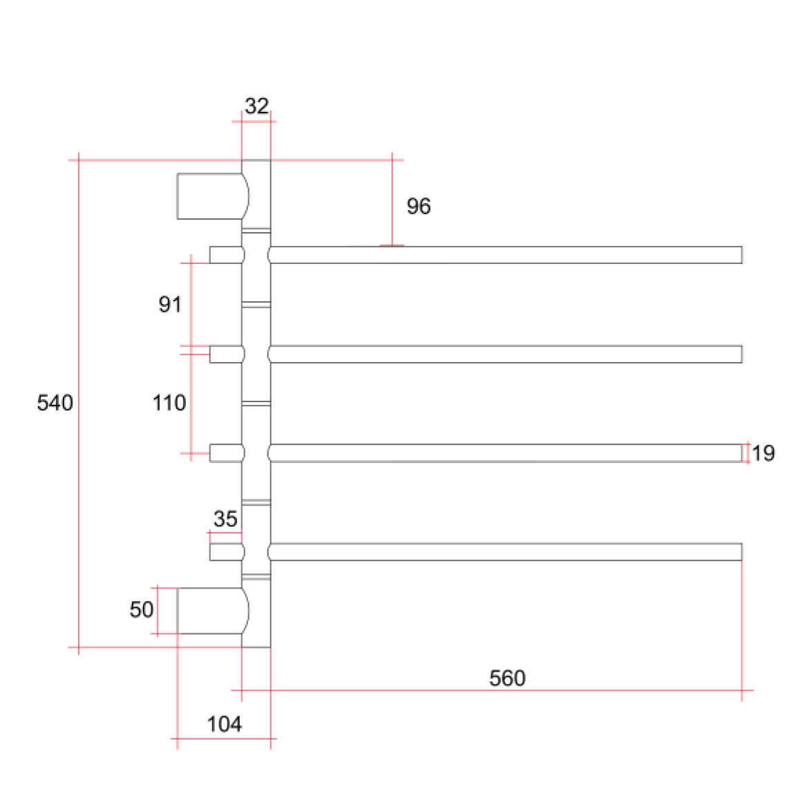 Thermorail 595 x 540mm 4 Bar Heated Swivel Towel Rail