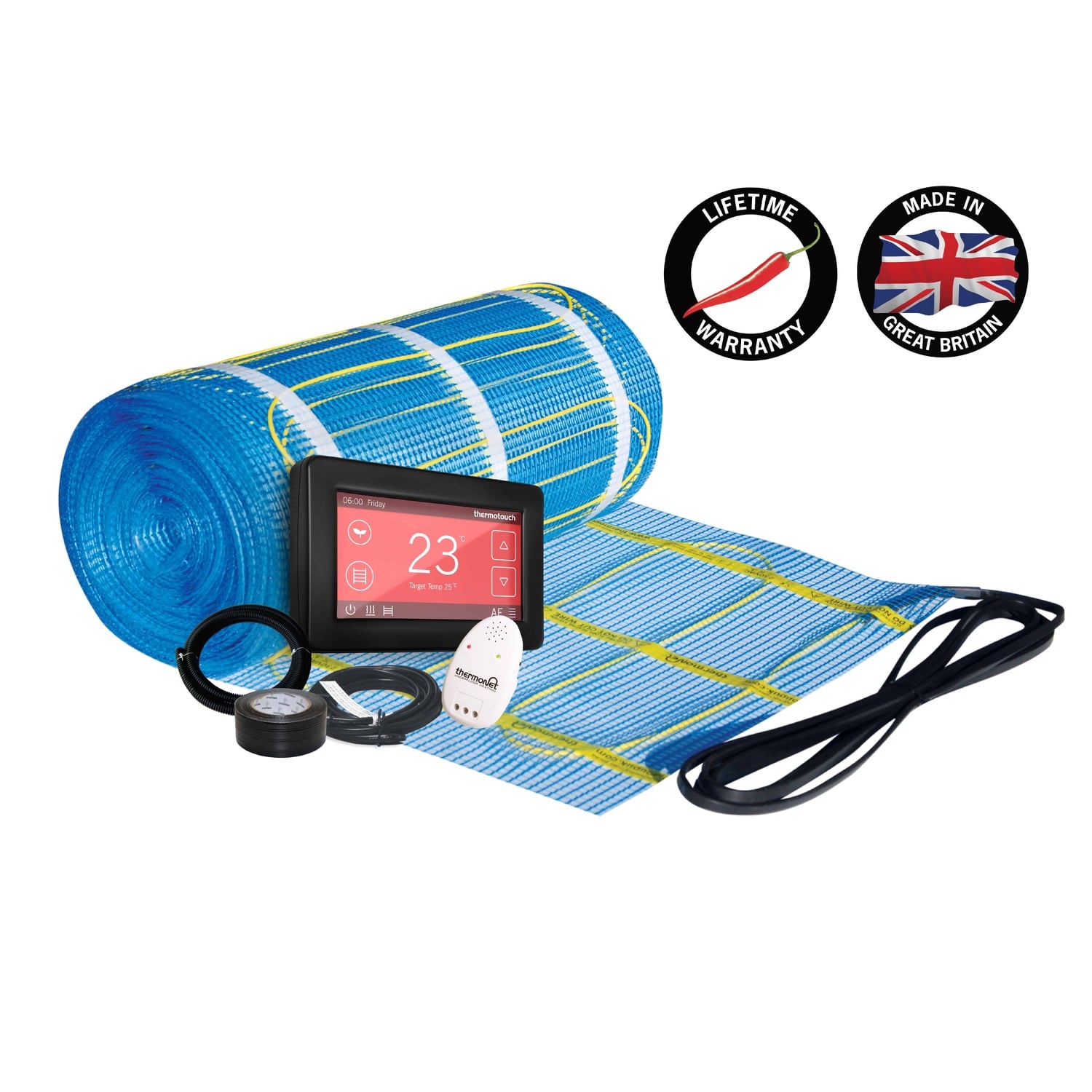 Thermonet 200W/m&sup2; In Screed Self Adhesive Underfloor Heating with Black Dual Thermostat