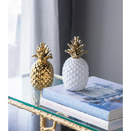 White Pineapple with Gold Crown Ceramic Ornament