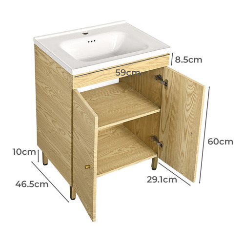 Callum 600mm Oak Freestanding Single Vanity with Ceramic Countertop