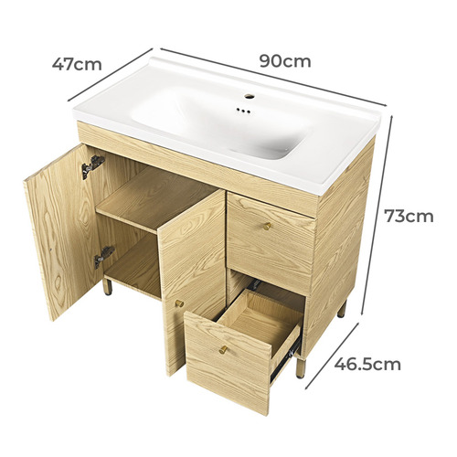 Callum 900mm Oak Freestanding Single Vanity with Ceramic Countertop