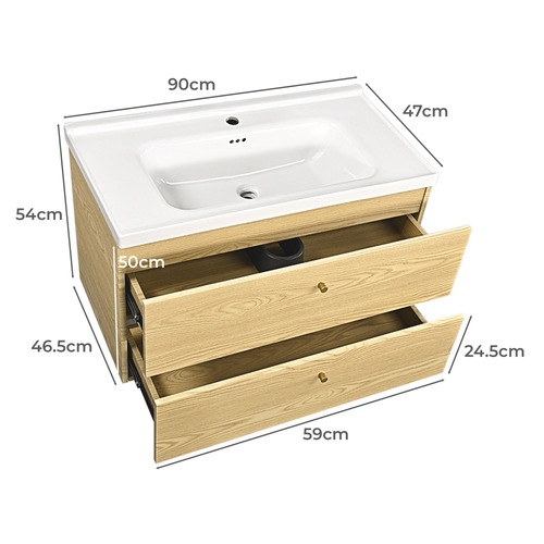 Callum 900mm Oak Wall Hung Single Vanity with Ceramic Countertop
