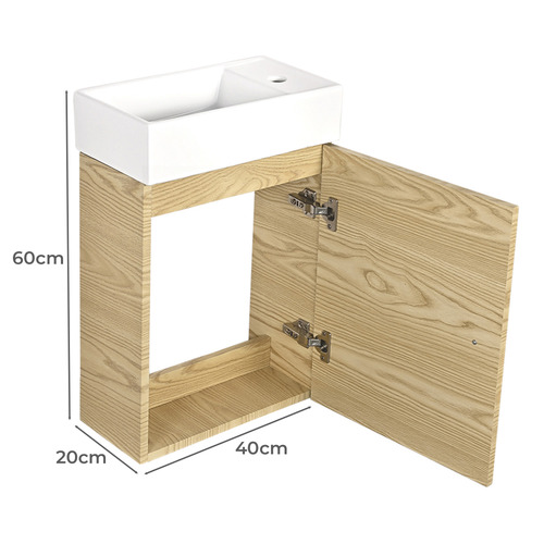 Callum 400mm Oak Wall Hung Small Space Single Vanity with Ceramic Countertop