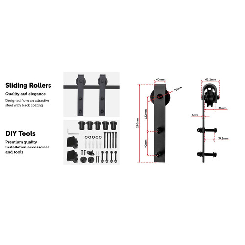 Black 200cm Sliding Barn Door Hardware Kit