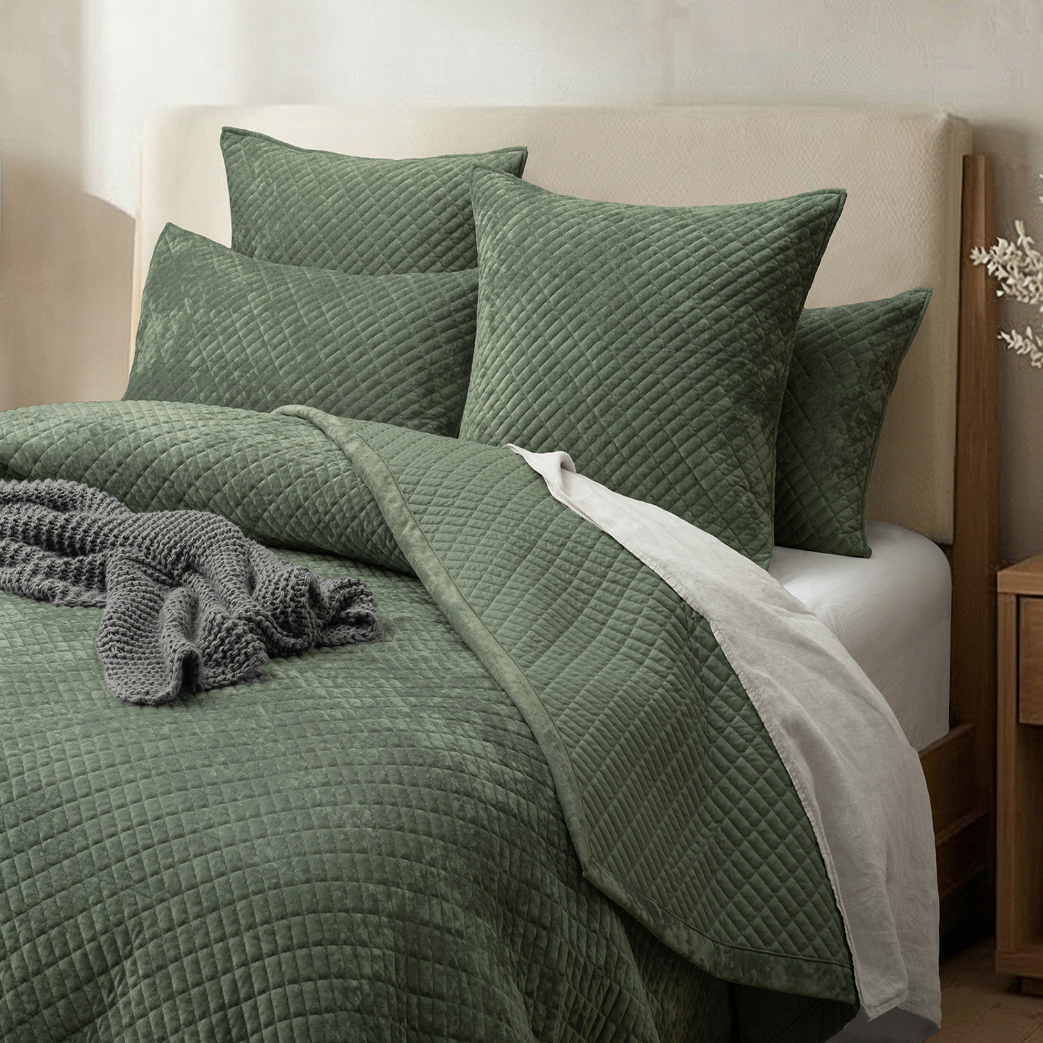 Green Cross Stitch Bramble Velvet and Cotton Coverlet Set