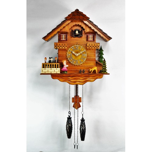 Traditional Girl & Cat Musical Cuckoo Clock Temple & ster