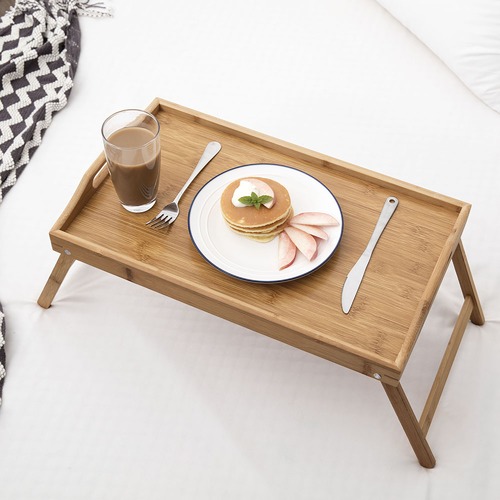 Guilty Gadgets Bamboo Wooden Breakfast in Bed Tray Serving Tray With Folding Legs w/Plastic Surface 