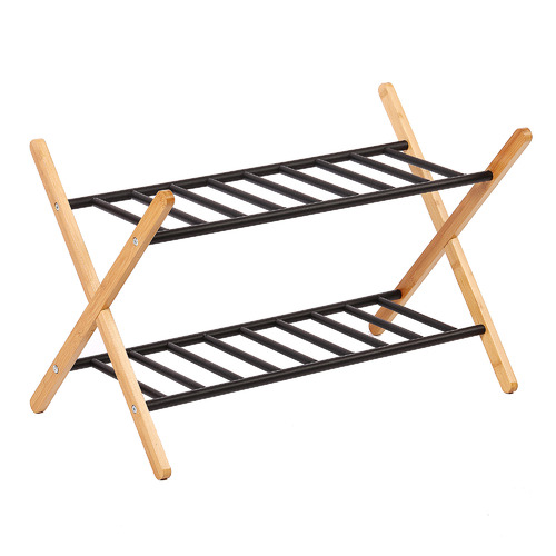 Black & Natural Quennie 2-Tier Bamboo & Metal Shoe Rack