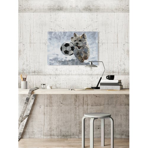 Dog & Soccer Ball Painting Stretched Canvas Wall Art