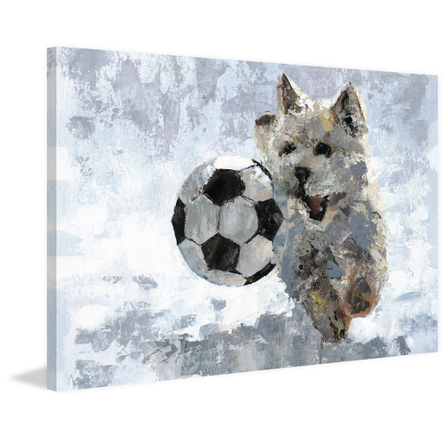 Dog & Soccer Ball Painting Stretched Canvas Wall Art