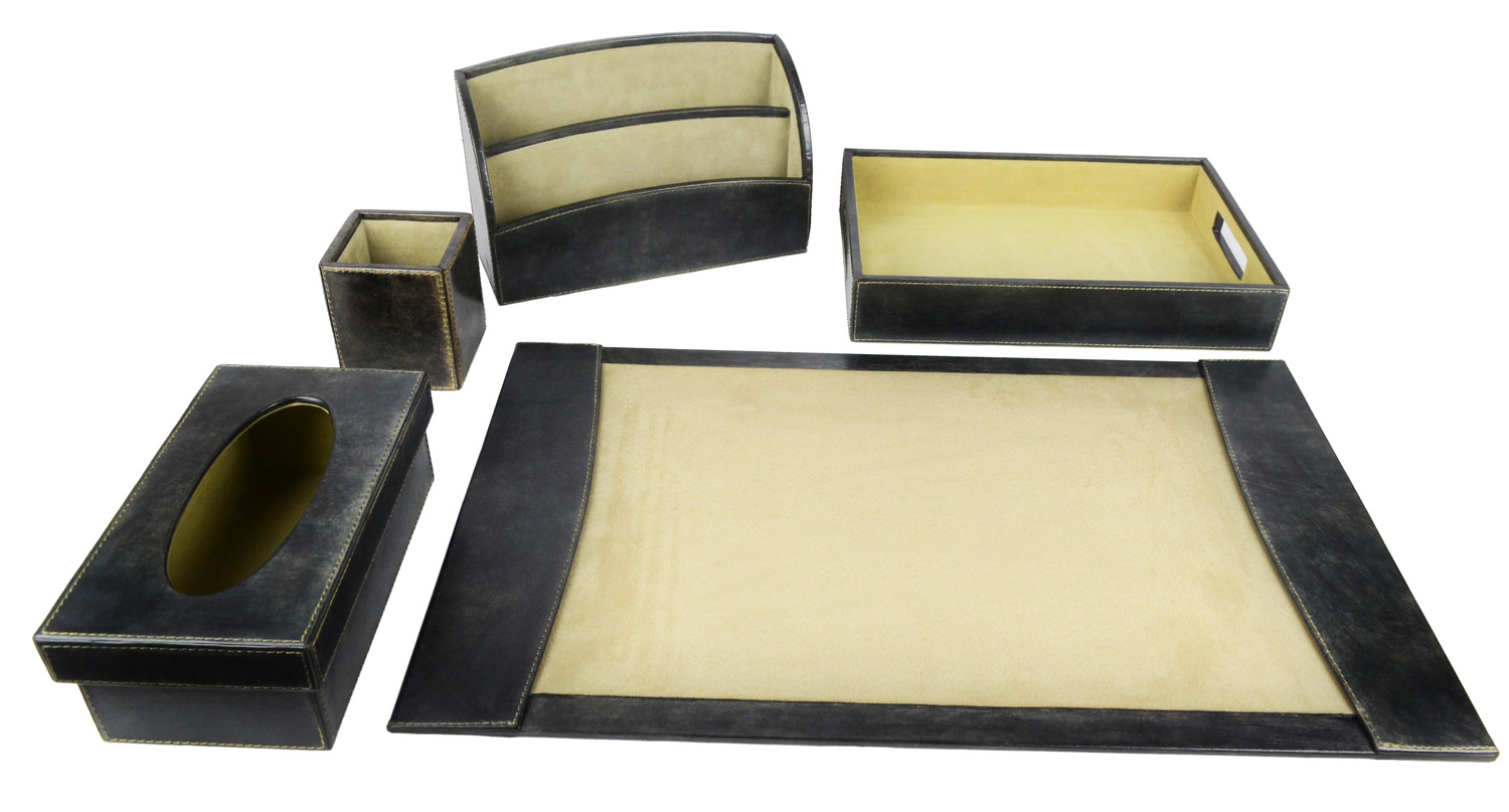 Steel Grey Leather Desktop Set