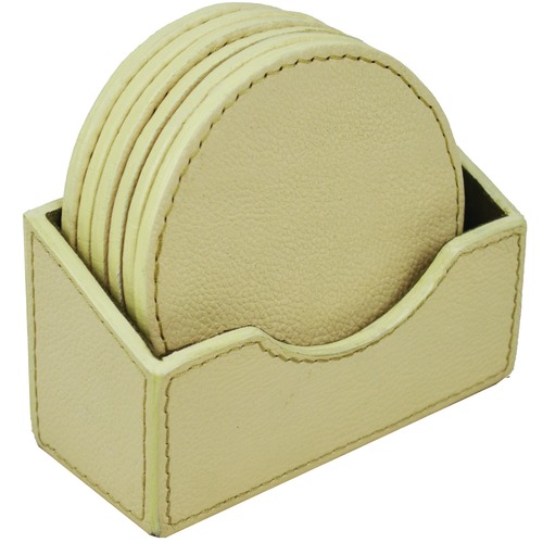Set of 4 Round Leather Coasters & Container