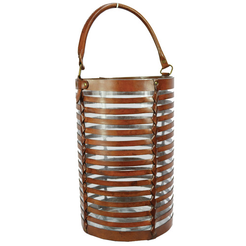 Tan Caged Leather & Glass Hurricane with Handle