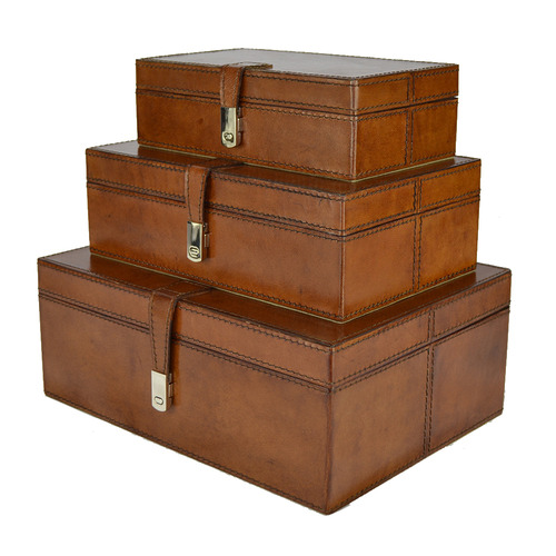 3 Piece Tan Leather Buffalo Boxes Set | Temple & Webster