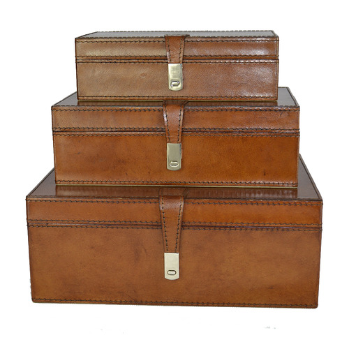 3 Piece Tan Leather Buffalo Boxes Set | Temple & Webster