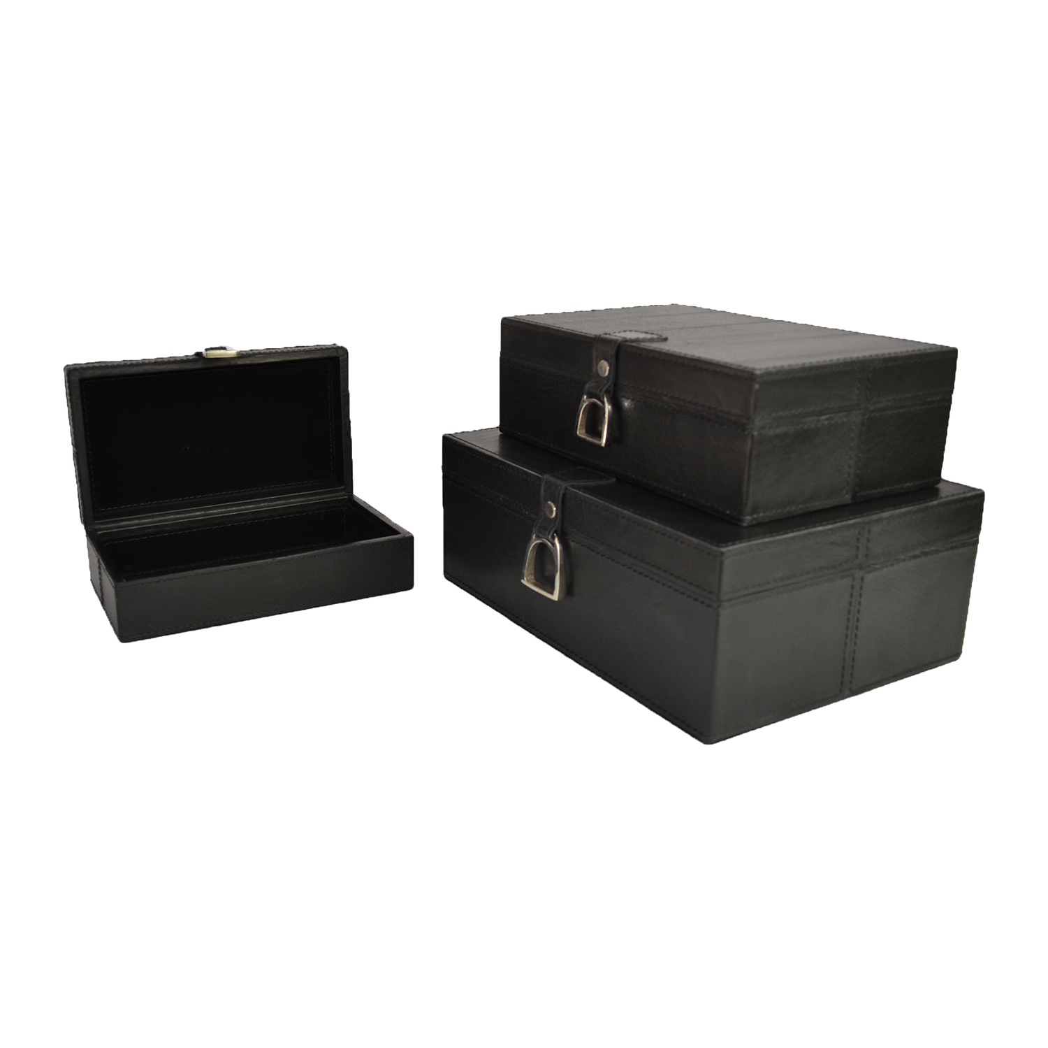 Black 3 Piece Leather Boxes with Stirrup Set