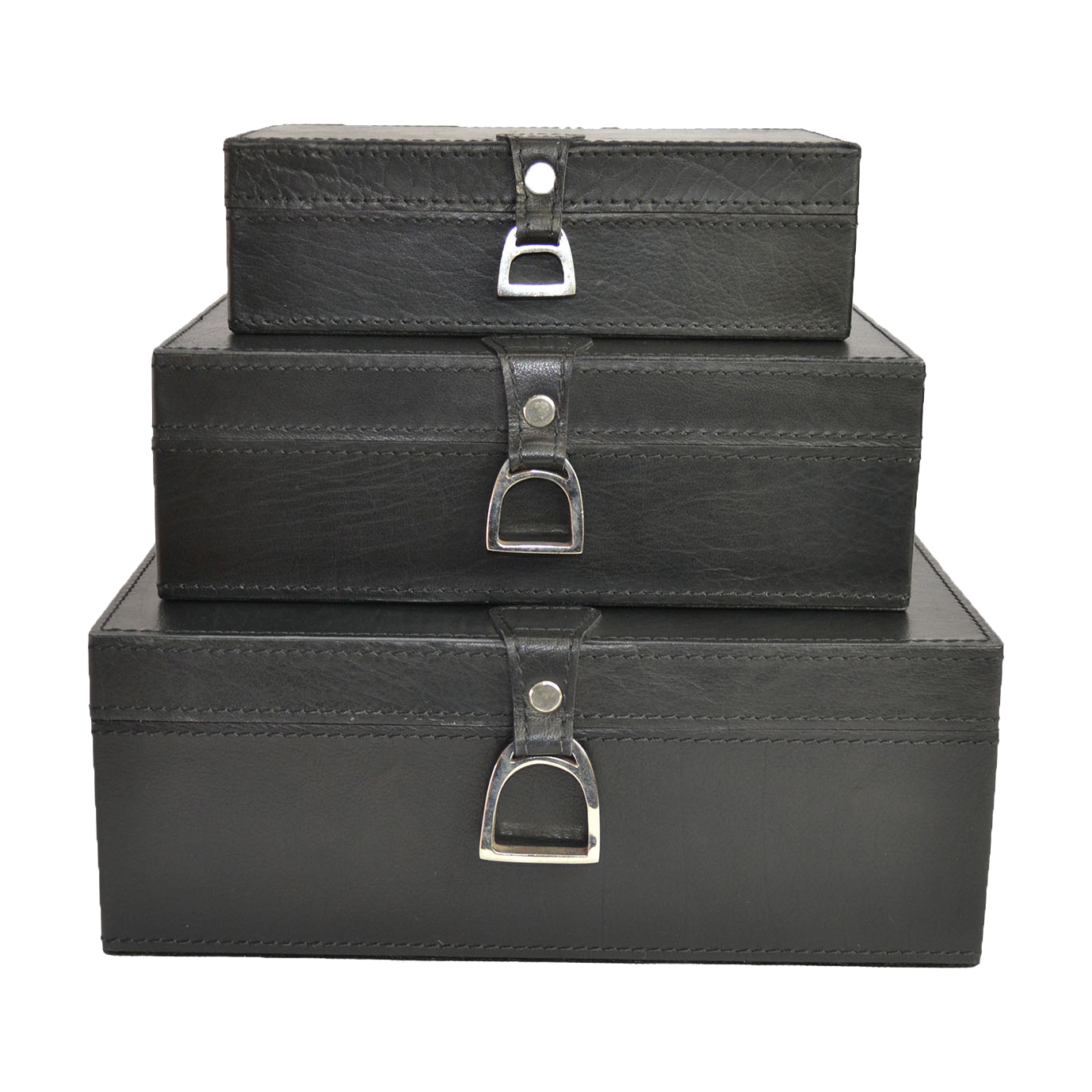 Black 3 Piece Leather Boxes with Stirrup Set