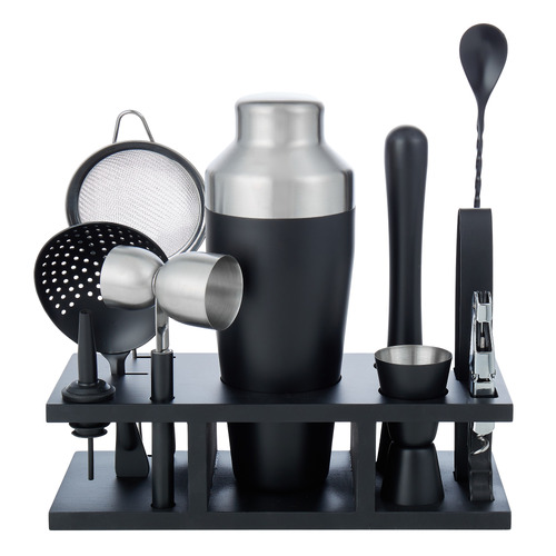 11 Piece Black Boston Stainless Steel Cocktail Shaker Set