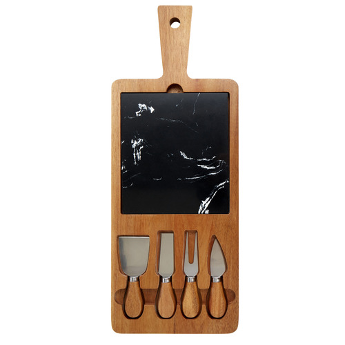 5 Piece Acacia Wood & Marble Cheese Board & Knife Set