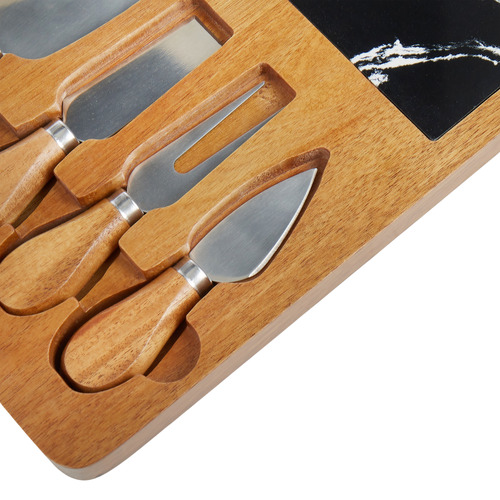 5 Piece Acacia Wood & Marble Cheese Board & Knife Set