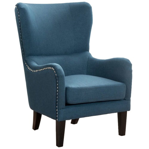 blue high back wing chair